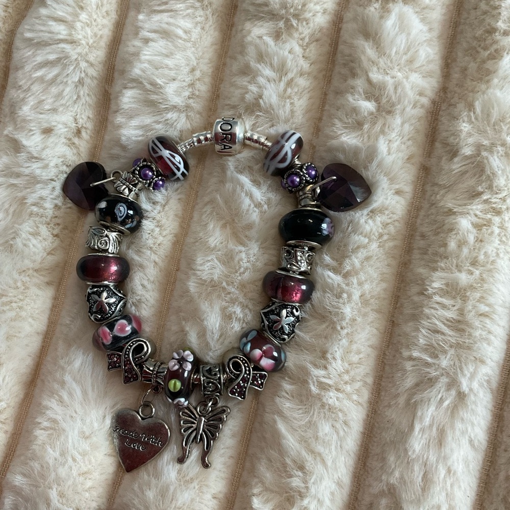 Purple and Silver Charm Bracelet with Glass Beads